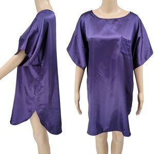 Sleep Solutions 90s Purple Satin Nightgown Short Sleeve Crochet Lace Pocket